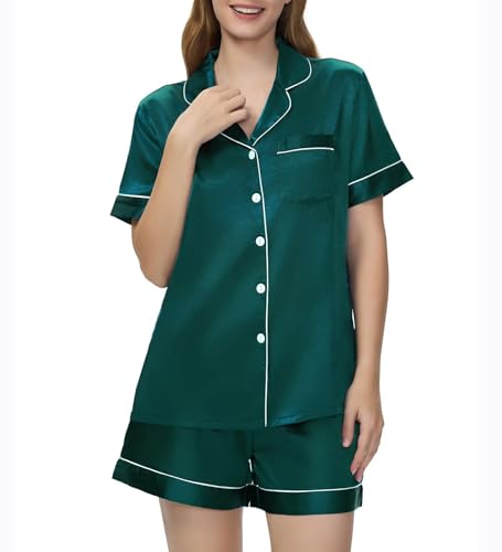 Guriyzee Couple Pajamas Set Satin Short Sleeve Sleepwear 2 Pcs Button Down Pjs Loungewear Women Green Large — view 3