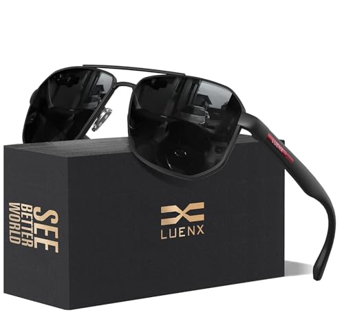 LUENX Aviator Sunglasses for Men Square Polarized Polygon Lens - UV 400 Protection with Accessories(Black Lens)