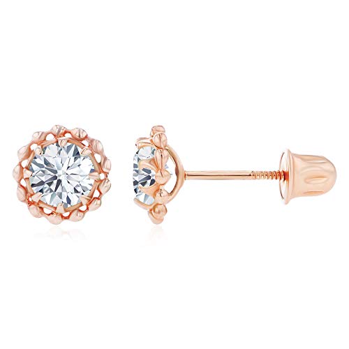 Solid 14K Gold 6mm Textured Halo Natural Birthstone Screwback Stud Earrings For Women | 4mm Round Birthstone | 14K Gold Halo Textured Screwback Earrings For Women2