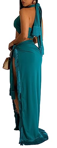 Image of Womens Sexy 2 Pieces Tassel Crisscross Bandage Crop Tops Bodycon Split Skirts Party Clubwear Dress Outfits Set