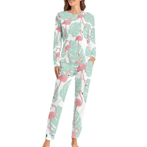 Pyjama femme flamants sleepwear ensemble t-shirt manches longues pantalon de nuit rose