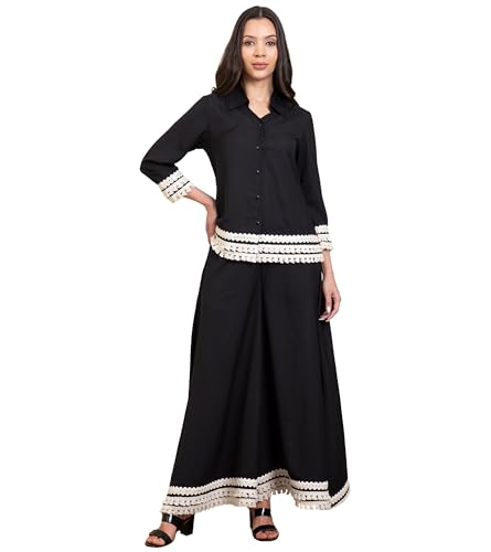 Image of DEEBACO Women's Solid Summer Cool Ankle Length Shirt with Palazzo|Shirt Collar|Cord Set for Women Fashion|Long Jumpsuits Western Dress for Women Stylish|Two Piece Co ord Set|Party Casual Wear(Black)