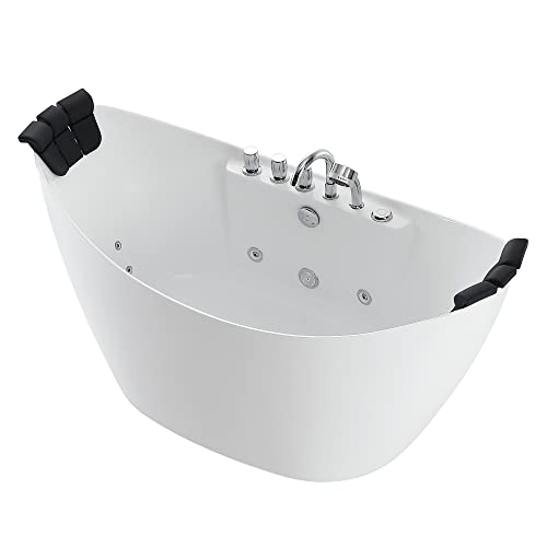 Empava 68 In. Acrylic Freestanding Tub Hydromassage Gracefully Oval Shaped Whirlpool 8 Water Jets Soaking Spa, Double-Ended Massage Bathtub With 2 Black Pillows , White #TOP22