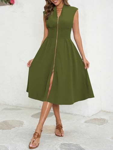 Image of Wenrine Womens Smocked Midi Dress Zipper V Neck Long Summer Dresses | zip front, empire waist, cap sleeve, flowy, a line, high slit, casual midi dress