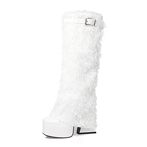 Yolkomo Women's Knee High Platform Boots Chunky Heel Furry Boots - Main Image