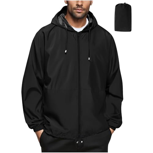 Mens Waterproof Jacket Long Sleeve Lightweight Packable Rain Coat Zip up Hooded Cagoule Softshell Jacket Hiking Cycling Windbreaker Jackets with Pockets Fall Clothing Black Plus Size M