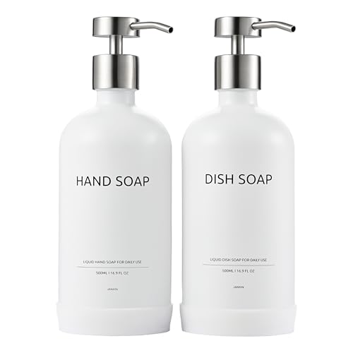 Image of Janxin Kitchen Soap Dispenser Set with Non-Slip Protective Silicone Pad,Hand Soap Dispenser for Kitchen and Bathroom Decor, White and Silver Kitchen Accessories (White Bottles + Silver Pumps)