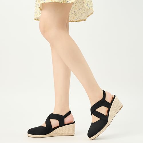 Image of HARENCE Espadrilles Wedge Sandals for Women: Comfortable Closed Toe Ankle Strap Elastic Shoes Summer Dressy Platform Heels