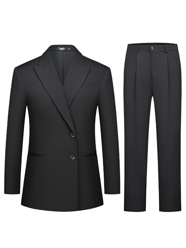 Women's 2 Piece Suit Two Button Business Casual Office Work Outfits Dressy Blazer Wide Leg Pants Set Black2