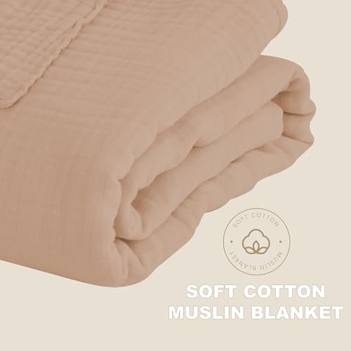 Image of Cosy Family 4 Layer Muslin Bed Blanket - Breathable and Lightweight Gauze Boho Blanket for Spring, Soft 100% Cotton Muslin Blanket, Brown, 55x80 Inches