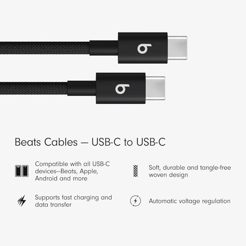Image of Beats USB-C to USB-C Woven Cable Fast Charging Durable /Tangle-Free Compatible Charger for Apple & Android Devices (1.5 m, 5 ft) - Bolt Black