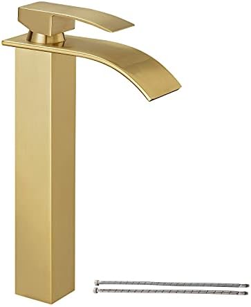 Hoimpro Waterfall Spout Brushed Gold Bathroom Faucet, Tall Single Handle Single Hole Bathroom Sink Faucet, Rv Vessel Sink Faucet, Pop Up Drain Not Included, Brass/Gold