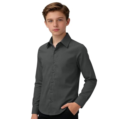 2026 Camisa Manga Larga Botones niño Mezcla Lino Corte clásico cómoda Escuela Uso Diario Casual Parte Superior algodón (Dark Gray, 11-12 años)