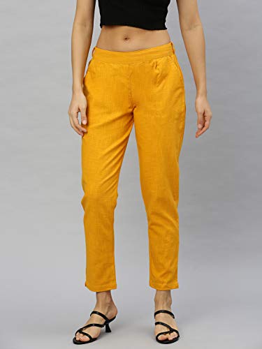 Image of Yash Gallery Women's Regular Fit Mid Rise Solid Cotton Slub Ankle Length Regular Trouser Pant