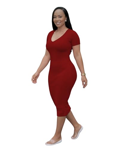 Image of TOPSRANI Women Sexy Midi Dress Bodycon Casual Sleeveless Basic Ruched Tank Summer Club Party Dresses