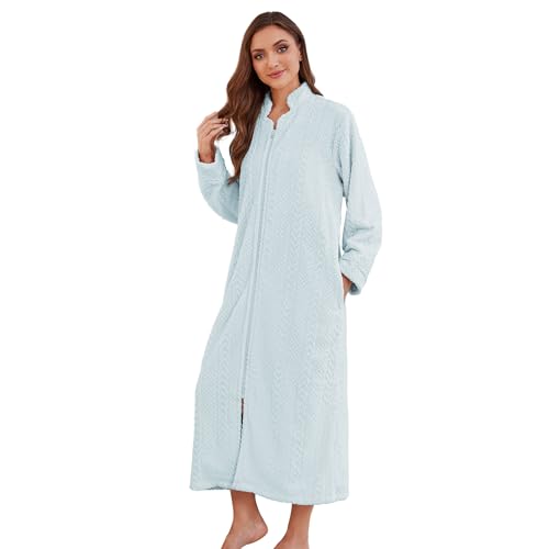 Image of LYCY Women Plush Zipper Robe, Long Fleece House Coat Nightgown with Pockets Solid Bathrobe