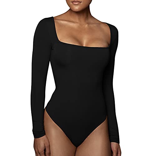 Sexy ropa interior de las mujeres de manga larga cuello cuadrado Body Leggings Mono Top Pilou Gato, Le Noir, S