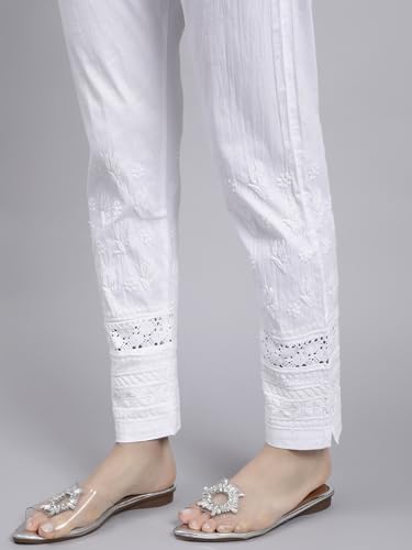 Image of Seva Chikan Hand Embroidered Lucknowi Chikankari White Lycra Trouser Palazzo Pant for Women SCL11029