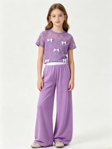 Image of Girls Clothes 2 Piece Short Sleeve Lace Bow Print Tops Flared Pants Set Little Girl Outfits Size 7-14