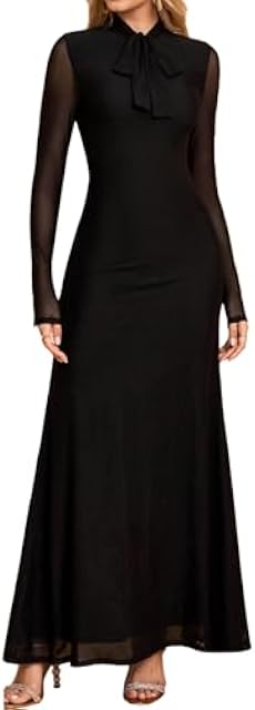 HTZMO Women Fall Long Sleeve Bow Tie Neck Formal Maxi Dresses A Line Flowy Wedding Guest Party Elegant Long Dresses