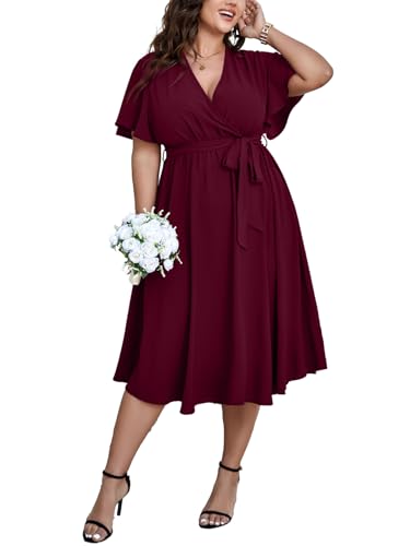 SCOMCHIC Damen-Sommerkleid, Übergröße, kurzärmelig, Wickelkleid, V-Ausschnitt, Rüschen, A-Linie, fließend, Hochzeitsgäste, Cocktailkleid,...