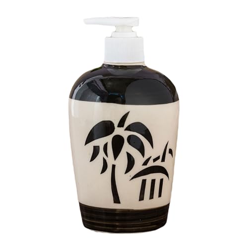 Image of Ceramic Liquid Soap Dispenser, 450 ml, Black Palm Leaf | Refillable Pump Bottle for Hand Wash, Lotion, Shampoo & Kitchen Use, 1 Piece