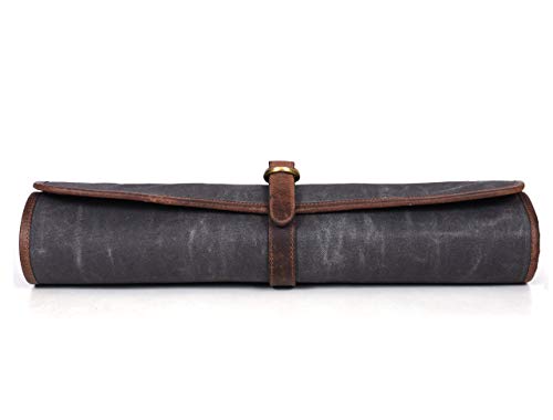 Chef Knife Roll Bag Leather And Waxed Canvas Holds 5 Knives Plus A Protected Pouch For Knives - Stress Grey #TOP4
