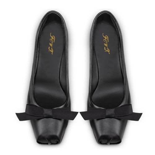 FOWT Women Square Toe Cute Bow Pumps Slip on Block Low Heel Comfy Work Office Daily Casual Shoes Size 4-16 US4