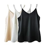 Wantschun 3pcs Womens Silk Satin Camisole V-Neck Tank Top Blouse Shirt Spaghetti Strap Cami Plain Strappy Vest Basic - Black+White+Champagne ; L