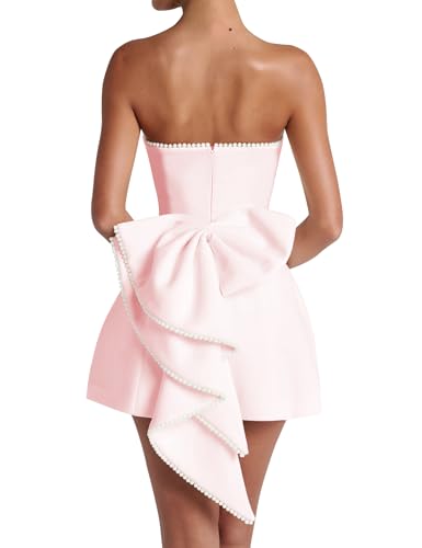 Image of Women's Summer Sexy Strapless A-Line Sleeveless Mini Dress Off The Shoulder Backless Cute Pearl Bow Dress