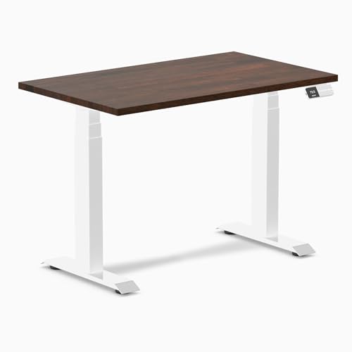 Image of Desky Small Electric Standing Desk, 40 x 24 inches Rubberwood Height Adjustable Sit Stand Desk with Dual Motor and Memory Presets, Compact Home Office Workstation - Dark Walnut Wood Top