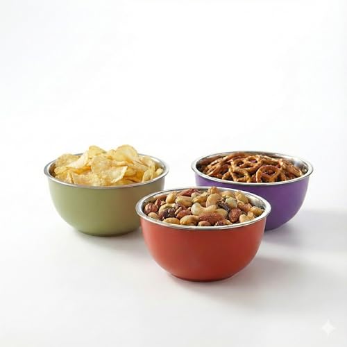 Image of Zaib Stainless Steel Microsafe Bowl (350ml, 12cm) - Insulated Double Wall Serving Dish for Soup, Snacks, Desserts & Festive Treats - Microwave Safe Outside, Steel Inside (Multicolour 3 Pcs)