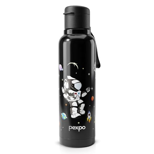 Image of Go24 pexpo Sonnet 900 PU Insulated Stainless Steel Water Bottle for Kids - 680ml | Flip-Top Cap | Leakproof & BPA Free| Carry Strap | for School, Sports, Travel, Picnic, Outdoor - Black Astronaut