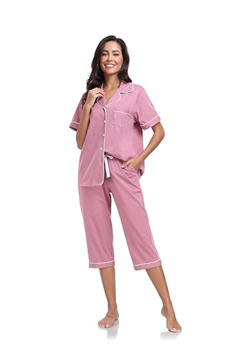 Image of COLORFULLEAF 100% Cotton Capri Pajama for Women Set Summer Short Sleeve Pj Sets for Women Cotton Sleepwear