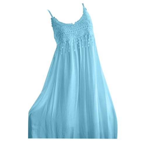 Boho Kleid Damen Sommer V-Ausschnitt Spaghetti Trägerkleid Strandkleid Spitze Ärmellos Freizeitkleid Sommerkleid Blau 5XL