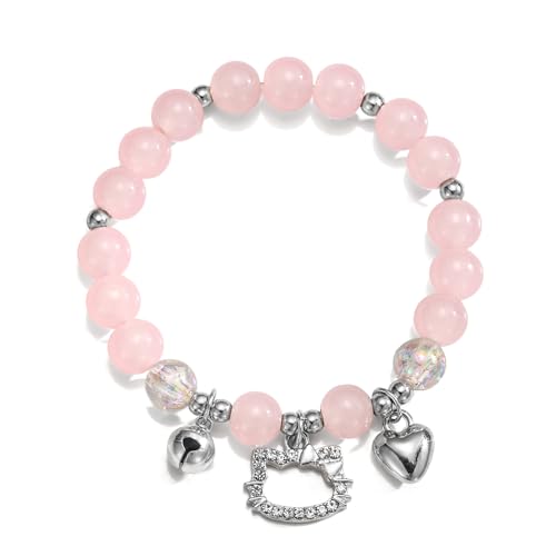 Kawaii Kitty Charm Bracelet Cute Cartoon Elastic Pink Bead Bell Heart Bracelet，Gift for Women