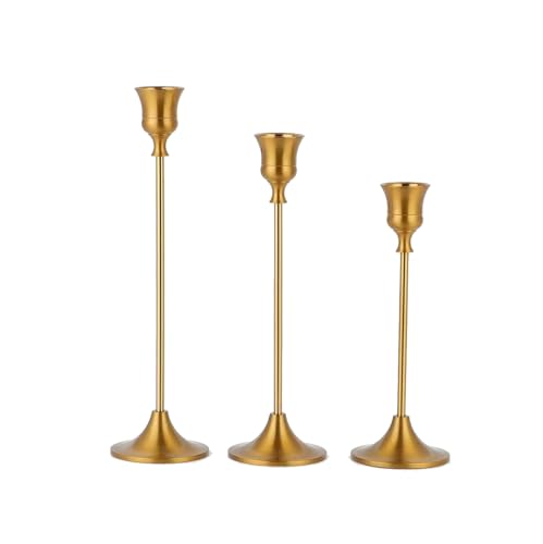 Taper Candle Holders Set of 3, Rustic Metal Candlestick Holder for Wedding, Dining Table, Dinning, Party Centerpiece (Brass)