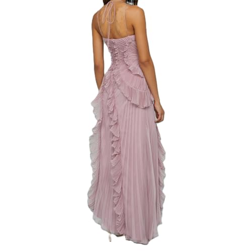 Women Ruffle Pleated Long Dress Sleeveless Halter Irregular Tiered Pleated Flowy Chiffon Dresses for Wedding Guest3
