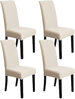 Amazon Basics Stretch Dining Chair Slipcover, Jacquard Diamond Lattice, Beige (Pack of 4)