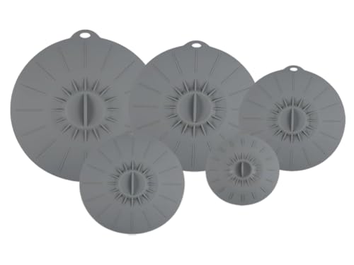 Kellegour Couvercles en Silicone Réutilisables,5 Pièces Couvercles à Ventouse en Silicone Set,Couvercle de Bol en Universels pour Bols,Casseroles,Assiettes,Tasses,Fours,Réfrigérateurs(Gris)