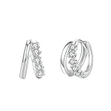 BCughia Pendientes de aro de oro de 9/14/18 quilates para mujer, doble capa con aretes redondos de moissanita, Platino, Moissanita