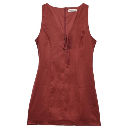 Image of Amazhiyu Womens 100% Linen Summer V Neck Tie Front Sleeveless Mini Tank Dress