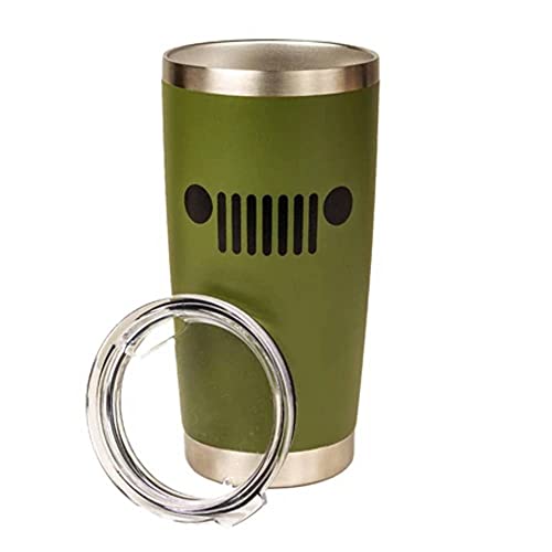 Jeep Text and Grill Powder Coated Camper Mug | Stainless Steel Travel Mug (Green, 20 OZ )