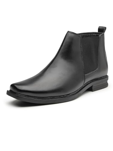 Image of Men's Stylish Vegan Leather Chelsea Boots with Side Zipper & Elastic Panel, Square Toe Ankle Boot (Tan /Black /Brown)