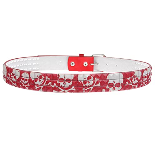 Snap On 1 1/2" Skull & Cross Bone Printed Punk Rock Studded Belt, Red | L - 38" #TOP2