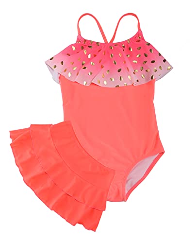 Image of Flowy Girls Swimsuits,Tie Dye Neon Pink Ruffle One Piece Swimwear with Pleat Mini Skirt, Two Piece Bathing Suits Set, Size 10-12