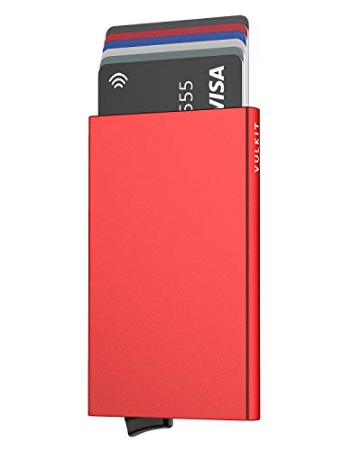 VULKIT Alpha Porte Cartes Homme ou Femme en Aluminium Automatique Pop Up Porte Carte de Crédit Bancaire RFID Blocage Peut Stocker 5 Cartes Rouge