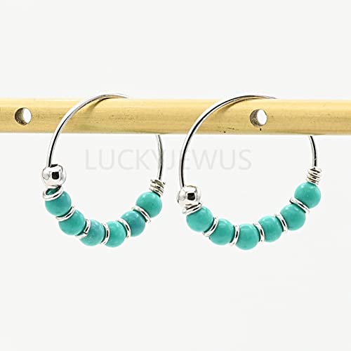 Small Sterling Silver Turquoise Hoop Earrings For Women Cartilage Helix, Handmade 10Mm Dainty Beads Hoops #TOP4