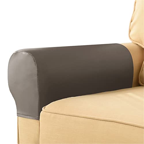 Juego de 2 fundas impermeables de piel sintética para reposabrazos de sofá, antideslizantes, lavables, para reclinable, protectores elásticos para reposabrazos para sillas y sofás (gris pardo)