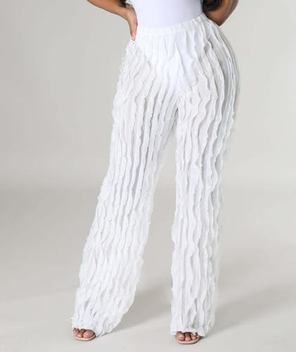 Sexyshine Women's Flowy Ruffle Pants Elastic High Waist Wide Straight Leg Trousers Ruched Sheer See Through Cover Up Pants3